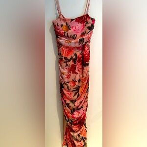 Express  Pink Floral Mesh Ruched Midi Dress